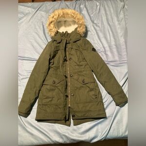 Hollister Olive Green Women's Parka Coat with Faux Fur Hood
